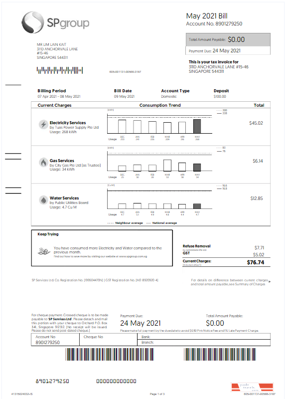 SINGAPORE SP GROUP utility bill Word and PDF template